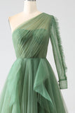 Dark Green A-Line One-Shoulder Long Ball Dresses With Long Sleeves