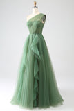 Dark Green Tulle A-Line One-Shoulder Long Ball Dresses