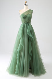 Dark Green Tulle A-Line One-Shoulder Long Ball Dresses