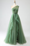 Dark Green Tulle A-Line One-Shoulder Long Ball Dresses