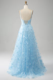 Sky Blue A Line Spaghetti Straps Sparkly Beaded Ball Dress with 3D Butterflies