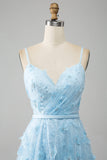 Sky Blue A Line Spaghetti Straps Sparkly Beaded Ball Dress with 3D Butterflies