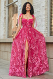 Spaghetti Straps Hot Pink A-Line Long Ball Dress with Slit