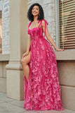 Spaghetti Straps Hot Pink A-Line Long Ball Dress with Slit
