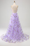 Lilac A-Line Spaghetti Straps Long Ball Dress with 3D Flowers