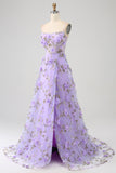 Lilac A-Line Spaghetti Straps Long Ball Dress with 3D Flowers