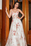 Ivory Flower A-Line Spaghetti Straps Long Corset Embroidered Ball Dress with Slit