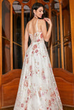 Ivory Flower A-Line Spaghetti Straps Long Corset Embroidered Ball Dress with Slit