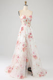 Ivory Flower Spaghetti Straps Embroidered Long Corset Ball Dress with Slit