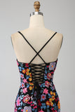 Mermaid Spaghetti Straps Black Flower Embroidered Ball Dress With Side Slit