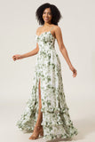 A-Line Spaghetti Straps Green Printed Long Ball Dress With Slit