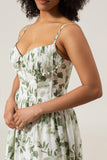 A-Line Spaghetti Straps Green Printed Long Ball Dress With Slit
