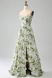 Green A-Line Spaghetti Straps Printed Pleated Long Ball Dress With Slit