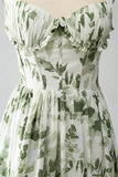Green A-Line Spaghetti Straps Printed Pleated Long Ball Dress With Slit