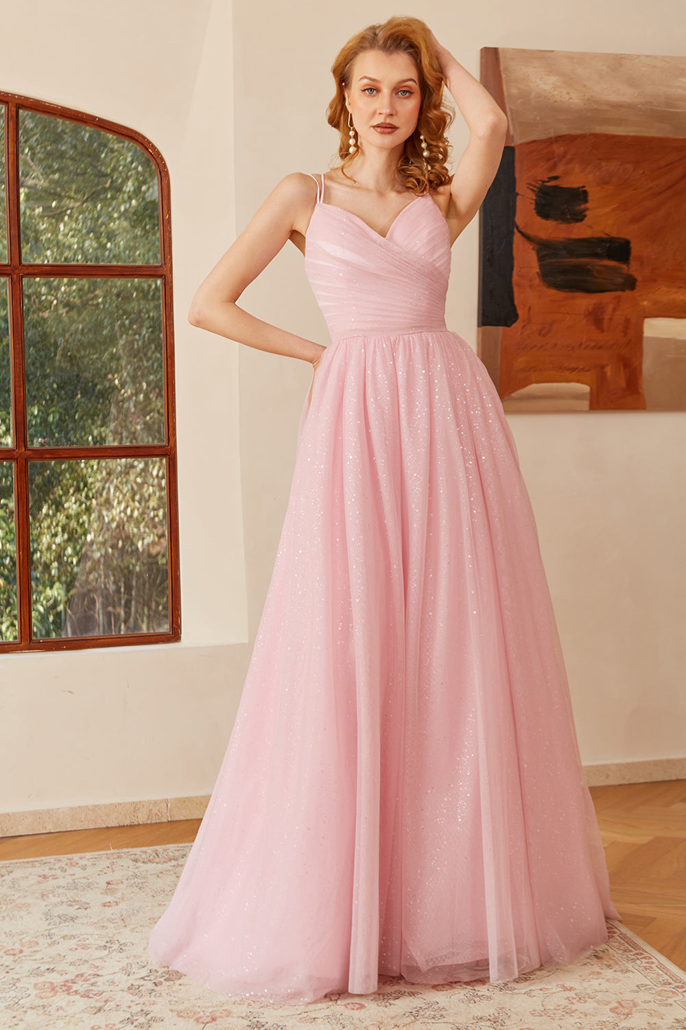 Glitter Pink Lace-Up Ruched Long Ball Dress