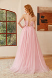 Glitter Pink Lace-Up Ruched Long Ball Dress