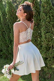 A Line Spaghetti Straps White Short Cocktail Dress with Keyhole