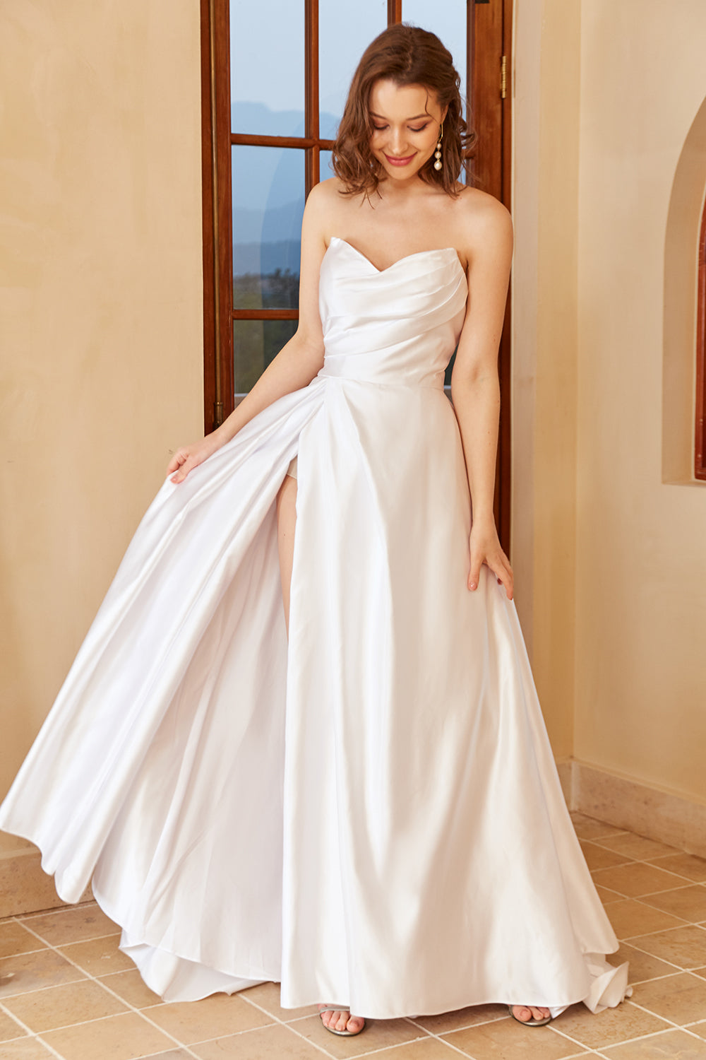 White Satin Sweetheart Wedding Dress with Slit