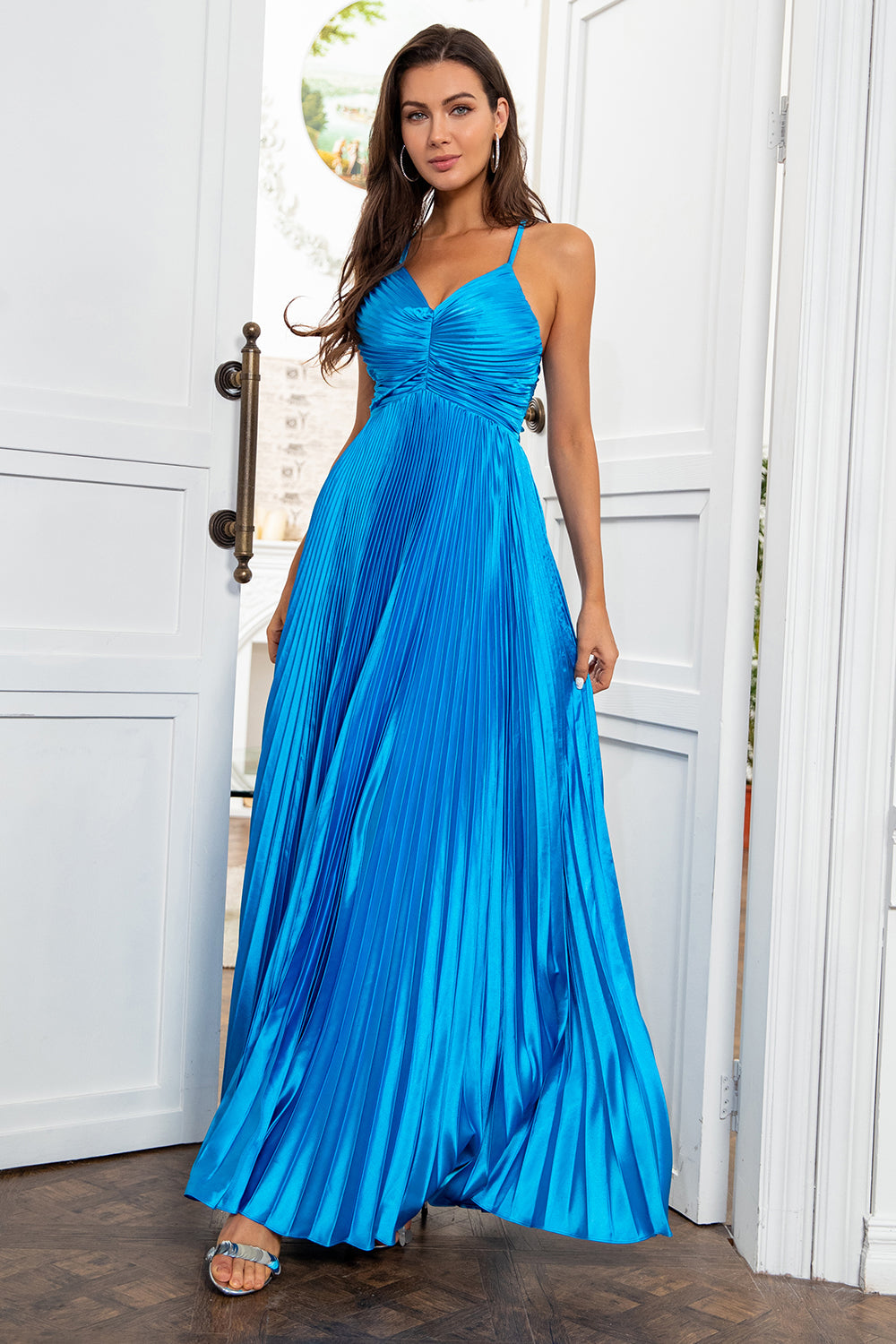 V-Neck Lake Blue Ruched Pleated Long Ball Dress