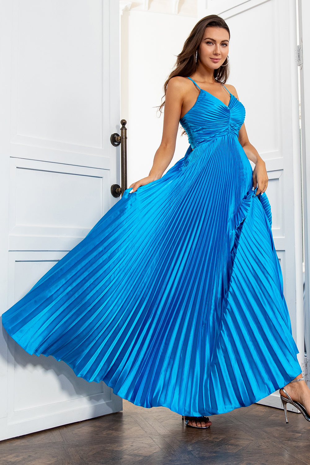 V-Neck Lake Blue Ruched Pleated Long Ball Dress