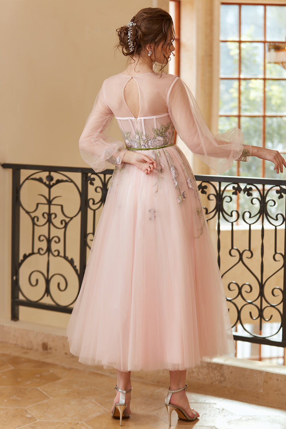 A Line Jewel Light Nude Tea Length Ball Dress with Long Sleeves