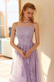 Charming A Line Spaghetti Straps Light Purple Long Ball Dress with Appliques