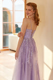 Charming A Line Spaghetti Straps Light Purple Long Ball Dress with Appliques