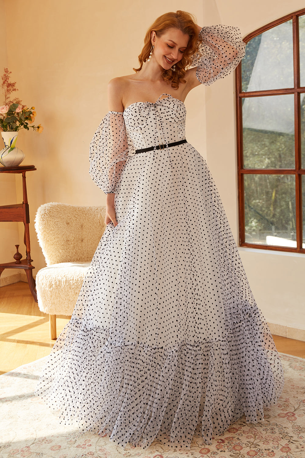 White Polka Dots Long Ball Dress with Sleeves