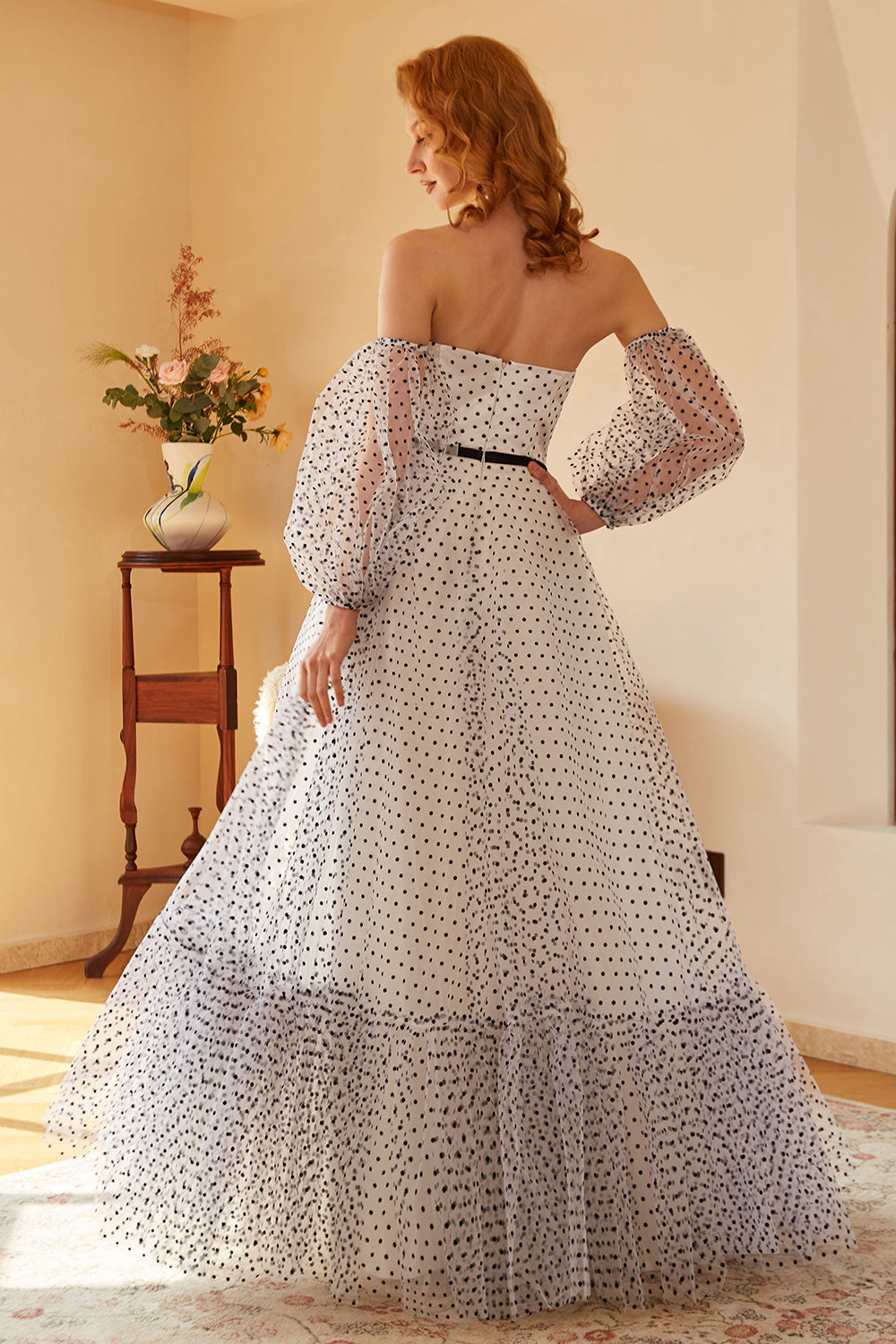 White Polka Dots Long Ball Dress with Sleeves
