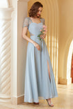 Long Chiffon Blue Bridesmaid Dress with Sleeves