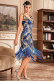 Blue Sequins Glitter Roaring 20s Flapper Dress with Fringes