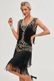 Black Gatsby 1920s Flapper Dress with Sequins and Fringes