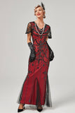 Red Mermaid Sequins Short Sleeve Long 1920s Flapper Dress