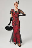 Red Mermaid Sequins Short Sleeve Long 1920s Flapper Dress