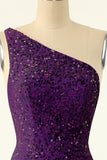 Purple One Shoulder Sequins Cocktail Dress
