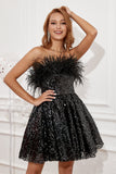 Little Black Strapless Cocktail Dress with Feathers