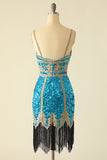 Lake Blue Sequin Short Party Dress with Fringes