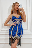 Lake Blue Sequin Short Party Dress with Fringes