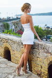 Sheath Strapless White Cocktail Dress with Feathers