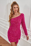 Fuchsia One Shoulder Sequins Tight Cocktail Dress with Sleeves