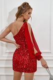 Red Tight Sequins Cocktail Dress with Sleeves