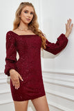 Burgundy Tight Sequins Cocktail Dress with Sleeves