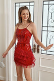 Red Sequin Fitted Cocktail Dress with Fringes