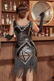 BlackGolden Sequin V-neck 1920s Dress with Fringes