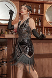 BlackGolden Sequin V-neck 1920s Dress with Fringes