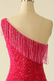 Hot Pink One Shoulder Sequin Party Dress