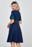 Navy Green Plaid 1950s Dress with Sleeves