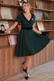 Dark Green V-Neck 1950s Plaid Swing Dress