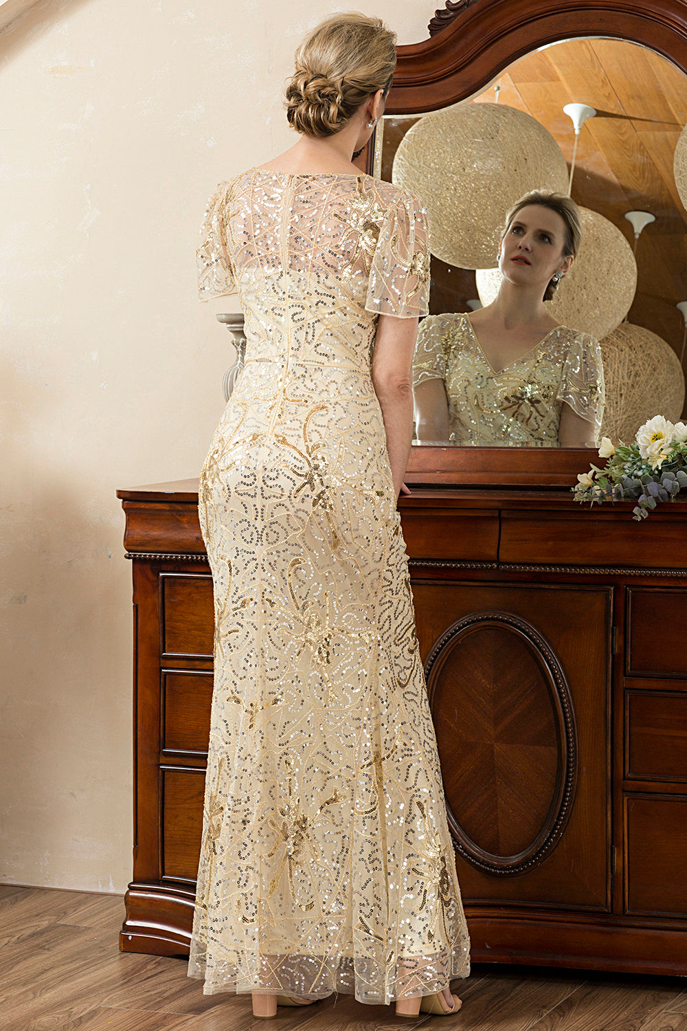 Gold beaded mother outlet of the bride dress