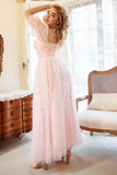 A Line Off the Shoulder Blush Pink Plus Size Ball Dress with Embroidery